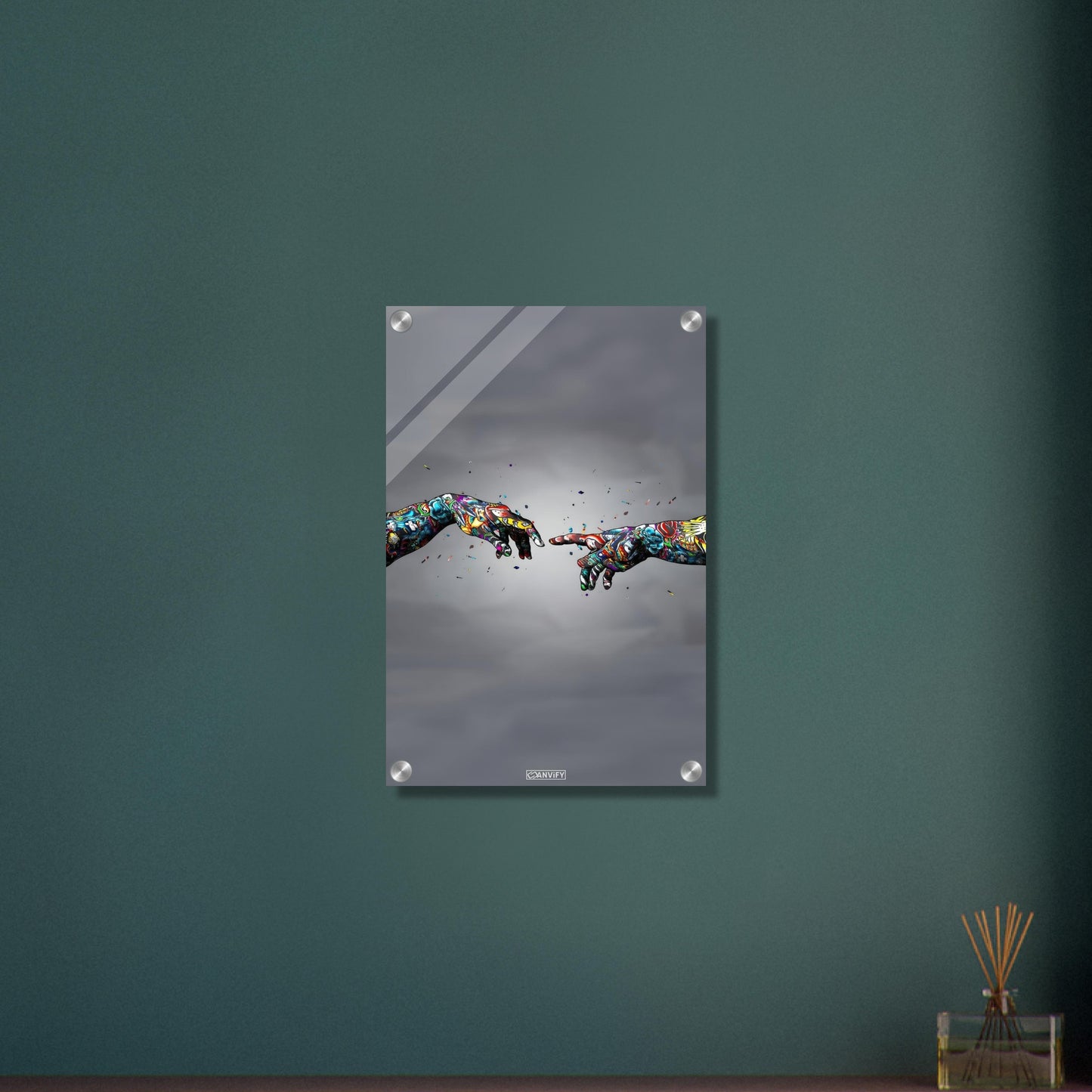 Die Erschaffung Adams im bunten Graffiti Stil auf einem Acrylbild