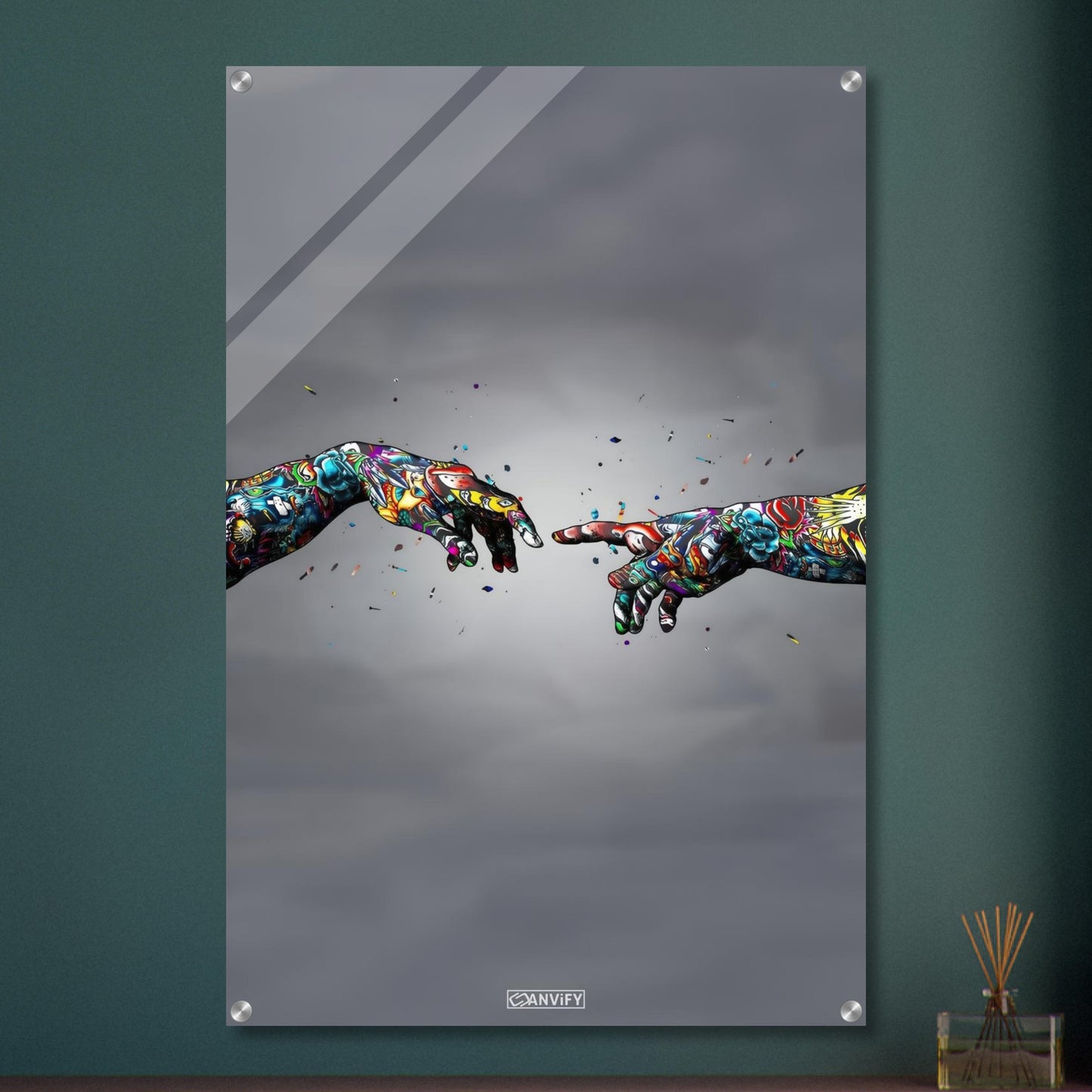 Die Erschaffung Adams im bunten Graffiti Stil auf einem Acrylbild