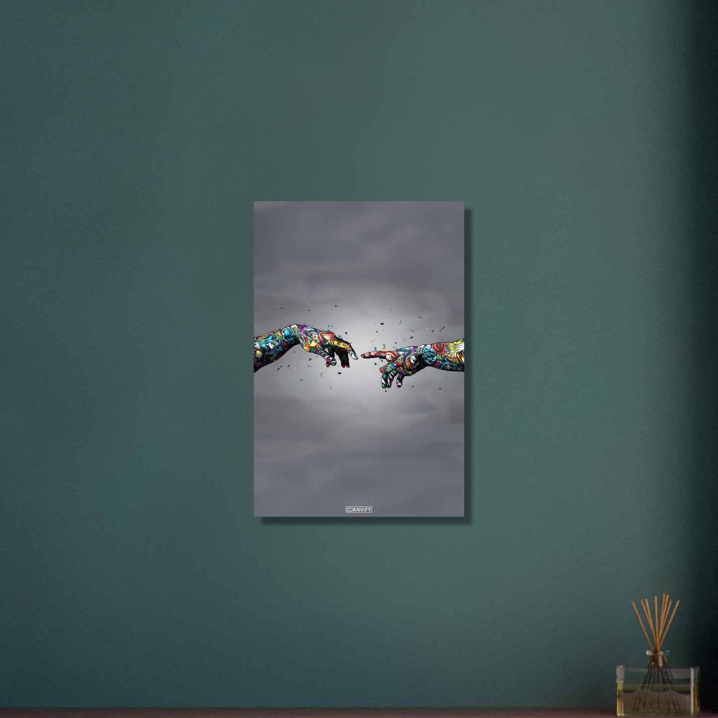 Die Erschaffung Adams im bunten Graffiti Stil auf Aluminium