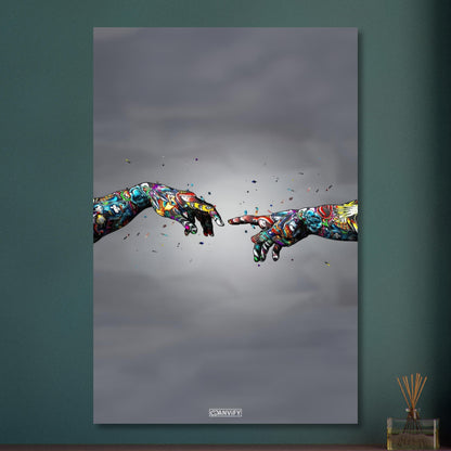 Die Erschaffung Adams im bunten Graffiti Stil auf Aluminium