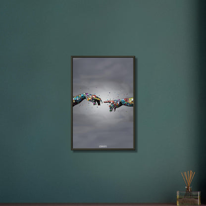 Die Erschaffung Adams im bunten Graffiti Stil auf einem Poster im Metallrahmen