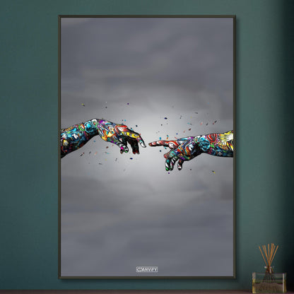 Die Erschaffung Adams im bunten Graffiti Stil auf einem Poster im Metallrahmen