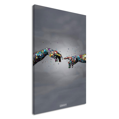 Die Erschaffung Adams im bunten Graffiti Stil auf einer Leinwand