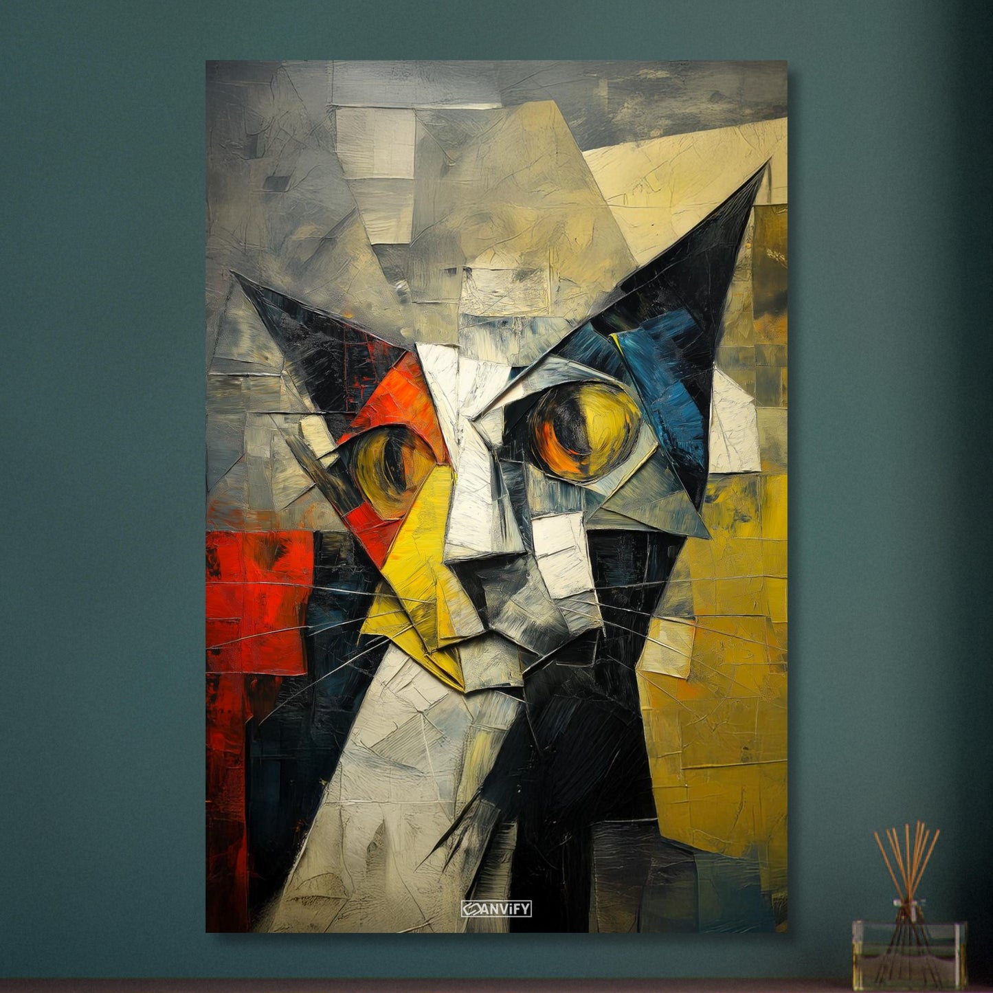 Abstraktes Gemälde im kubistischen Stil von einer Katze auf Aluminium