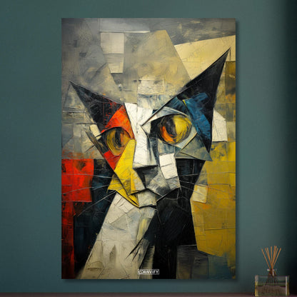 Abstraktes Gemälde im kubistischen Stil von einer Katze auf Aluminium