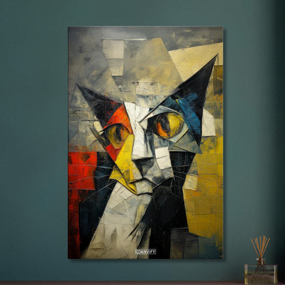 Abstraktes Gemälde im kubistischen Stil von einer Katze auf einer Leinwand
