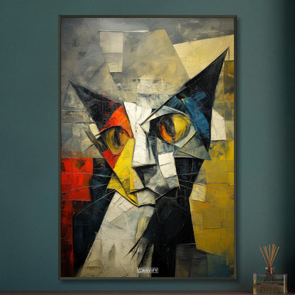 Abstraktes Gemälde im kubistischen Stil von einer Katze auf einem Poster im Metallrahmen