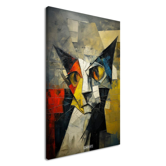 Abstraktes Gemälde im kubistischen Stil von einer Katze auf einer Leinwand
