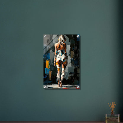 Sexy Frau im kubistischen Stil und im weißen Bodysuit auf einem Acrylbild