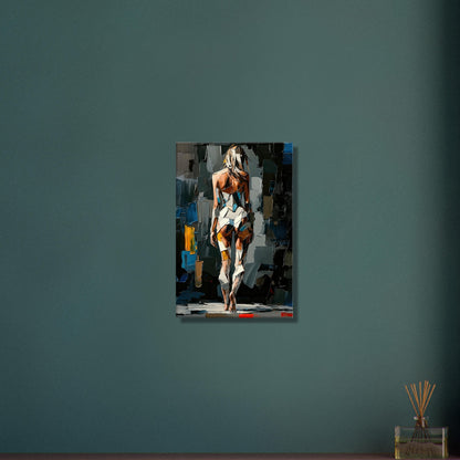 Sexy Frau im kubistischen Stil und im weißen Bodysuit auf einer Leinwand