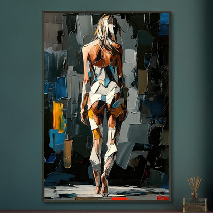 Sexy Frau im kubistischen Stil und im weißen Bodysuit auf einem Poster im Metallrahmen