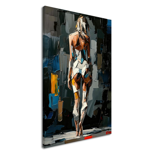 Sexy Frau im kubistischen Stil und im weißen Bodysuit auf einer Leinwand