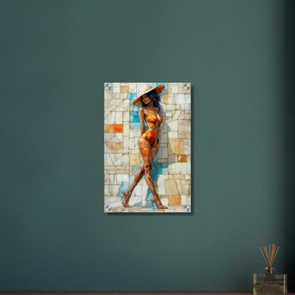 Schöne sexy dunkelhaarige Frau mit Hut und Badeanzug im kubistischen Stil auf einem Acrylbild