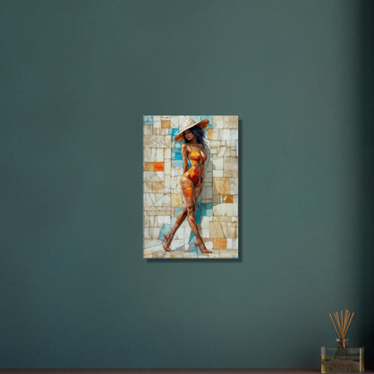 Schöne sexy dunkelhaarige Frau mit Hut und Badeanzug im kubistischen Stil auf einer Leinwand