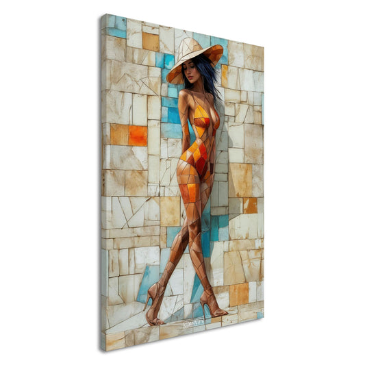 Schöne sexy dunkelhaarige Frau mit Hut und Badeanzug im kubistischen Stil auf einer Leinwand