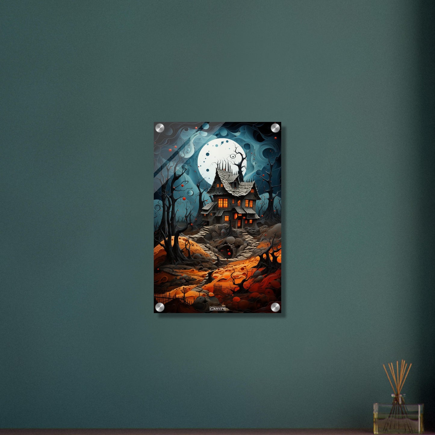 Verfluchtes Hexenhaus mit einem Vollmond auf einem Acrylbild