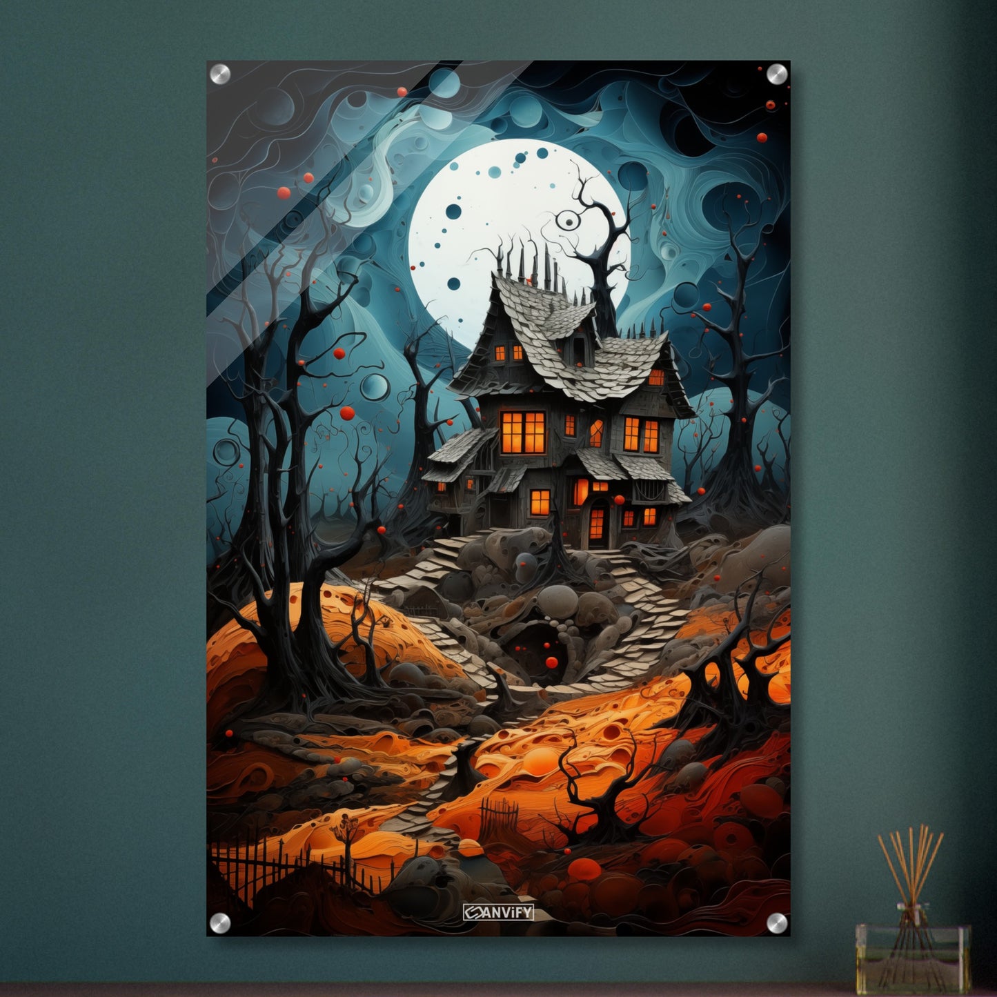 Verfluchtes Hexenhaus mit einem Vollmond auf einem Acrylbild