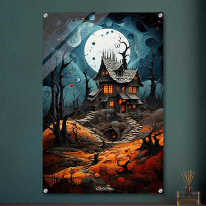 Verfluchtes Hexenhaus mit einem Vollmond auf einem Acrylbild