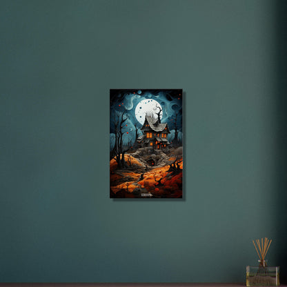 Verfluchtes Hexenhaus mit einem Vollmond auf einer Leinwand