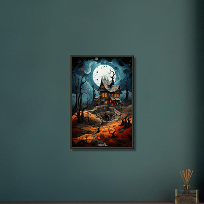 Verfluchtes Hexenhaus mit einem Vollmond auf einem Poster im Metallrahmen