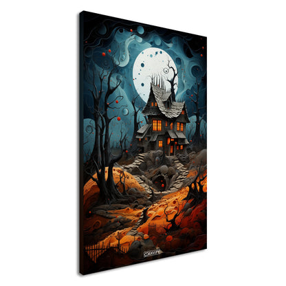 Verfluchtes Hexenhaus mit einem Vollmond auf einer Leinwand