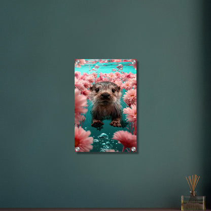 Süßes Baby-Otter unter Wasser mit Blumen auf einem Acrylbild