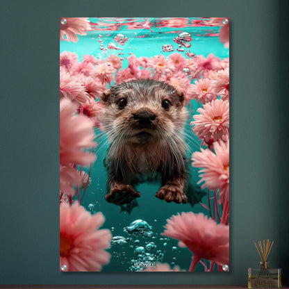 Süßes Baby-Otter unter Wasser mit Blumen auf einem Acrylbild