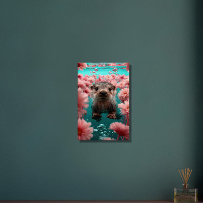 Süßes Baby-Otter unter Wasser mit Blumen auf einer Leinwand