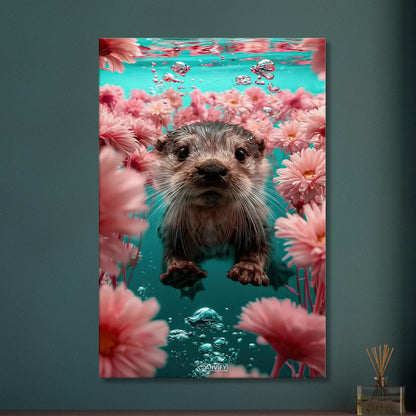 Süßes Baby-Otter unter Wasser mit Blumen auf einer Leinwand