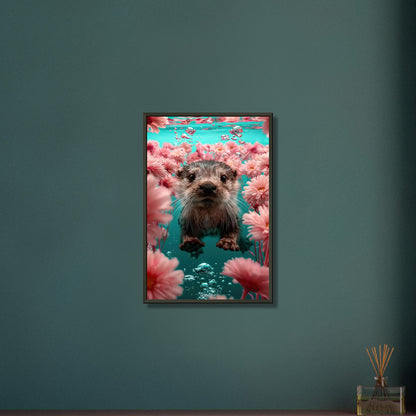 Süßes Baby-Otter unter Wasser mit Blumen auf einem Poster im Metallrahmen