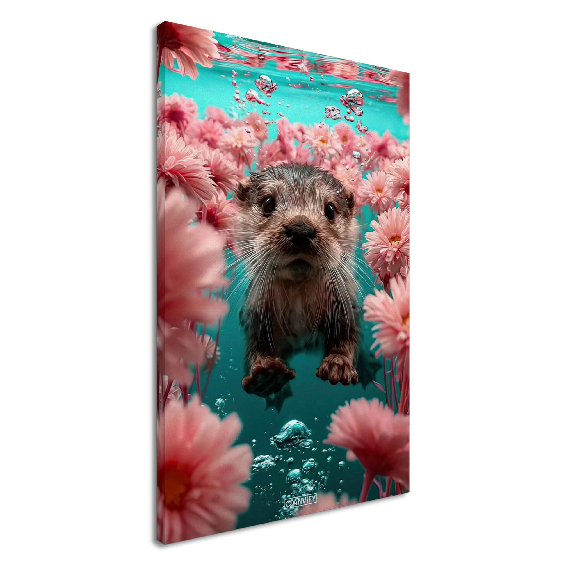 Süßes Baby-Otter unter Wasser mit Blumen auf einer Leinwand