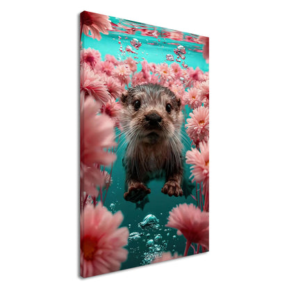 Süßes Baby-Otter unter Wasser mit Blumen auf einer Leinwand