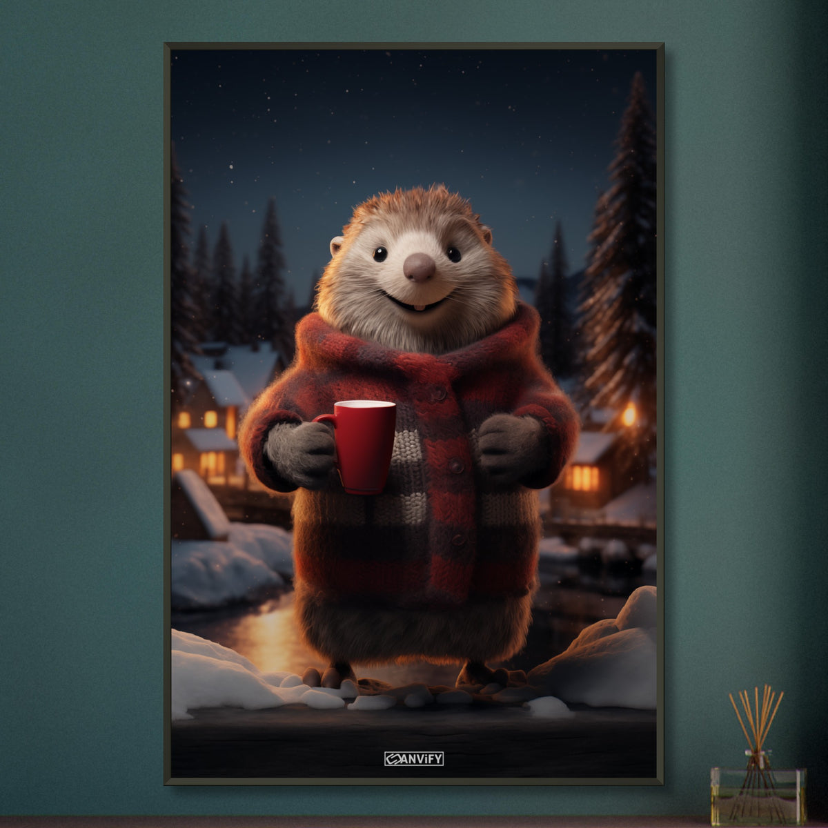 Biber mit Weste und roter Tasse Kakao in einer Winternacht im Schnee auf einem Poster im Metallrahmen