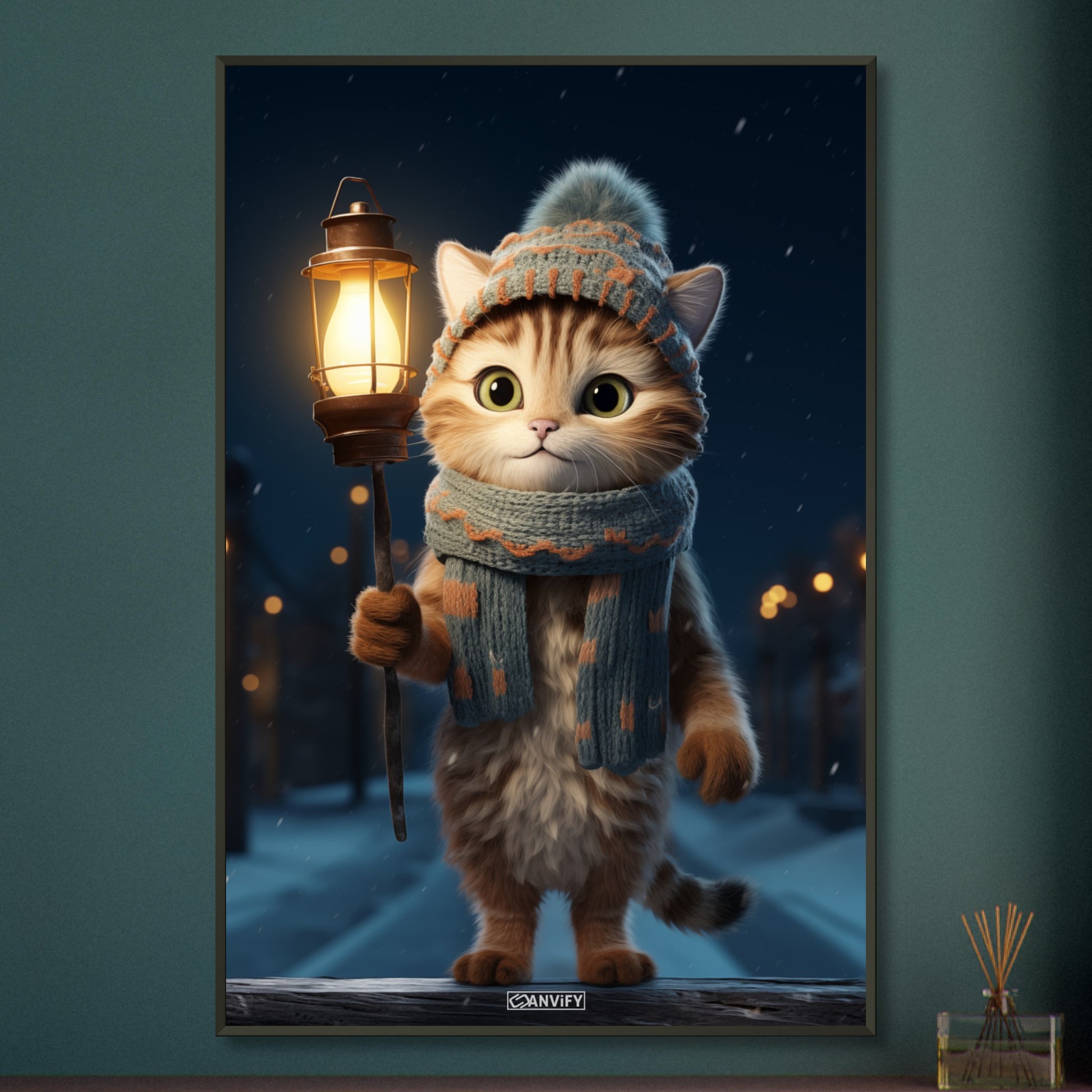 Katze mit Mütze, Schal und einer Laterne in der Hand in einer Winternacht im Schnee auf einem Poster im Metallrahmen
