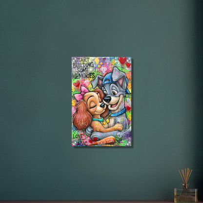 Liebevolles Hundepaar Graffiti mit Sprüchen "Start Building Some Memories" und "You Will Forever Be My Always" auf einem Acrylbild