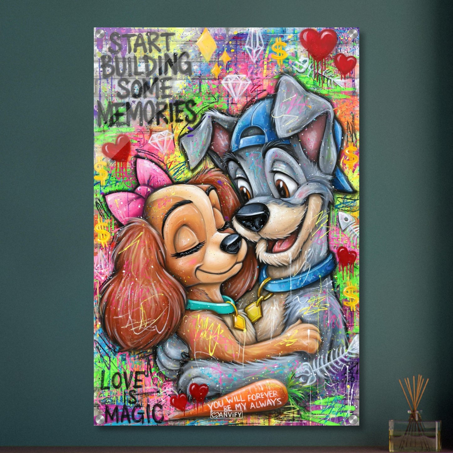 Liebevolles Hundepaar Graffiti mit Sprüchen "Start Building Some Memories" und "You Will Forever Be My Always" auf einem Acrylbild