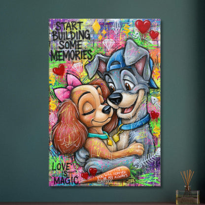 Liebevolles Hundepaar Graffiti mit Sprüchen "Start Building Some Memories" und "You Will Forever Be My Always" auf einer Leinwand