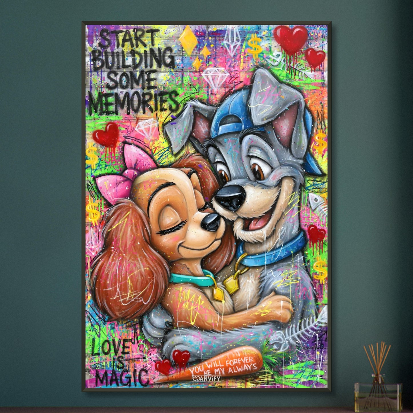 Liebevolles Hundepaar Graffiti mit Sprüchen "Start Building Some Memories" und "You Will Forever Be My Always" auf einem Poster im Metallrahmen