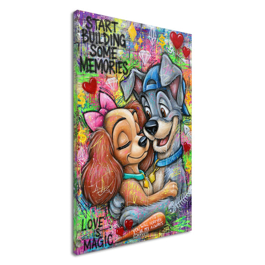 Liebevolles Hundepaar Graffiti mit Sprüchen "Start Building Some Memories" und "You Will Forever Be My Always" auf einer Leinwand