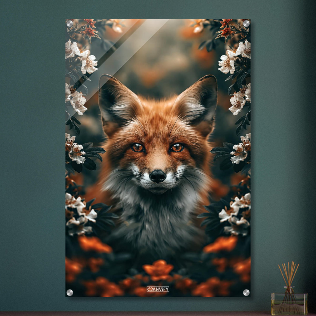 Süßer Fuchs zwischen den Blumen auf einem Acrylbild