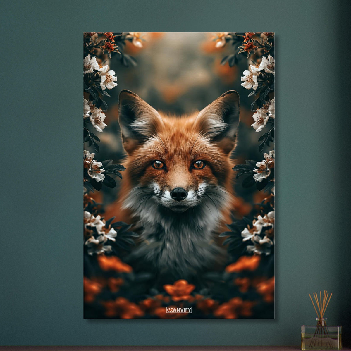 Süßer Fuchs zwischen den Blumen auf einer Leinwand