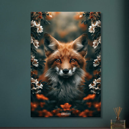 Süßer Fuchs zwischen den Blumen auf einer Leinwand