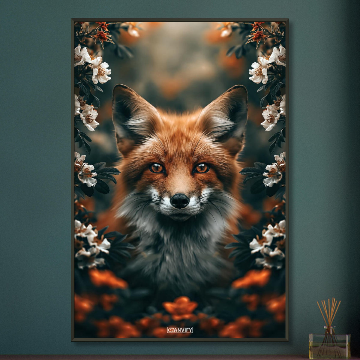 Süßer Fuchs zwischen den Blumen auf einem Poster im Metallrahmen
