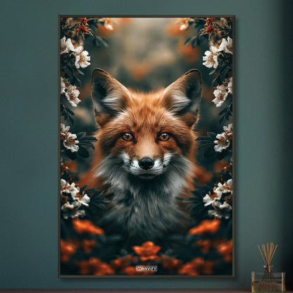 Süßer Fuchs zwischen den Blumen auf einem Poster im Metallrahmen