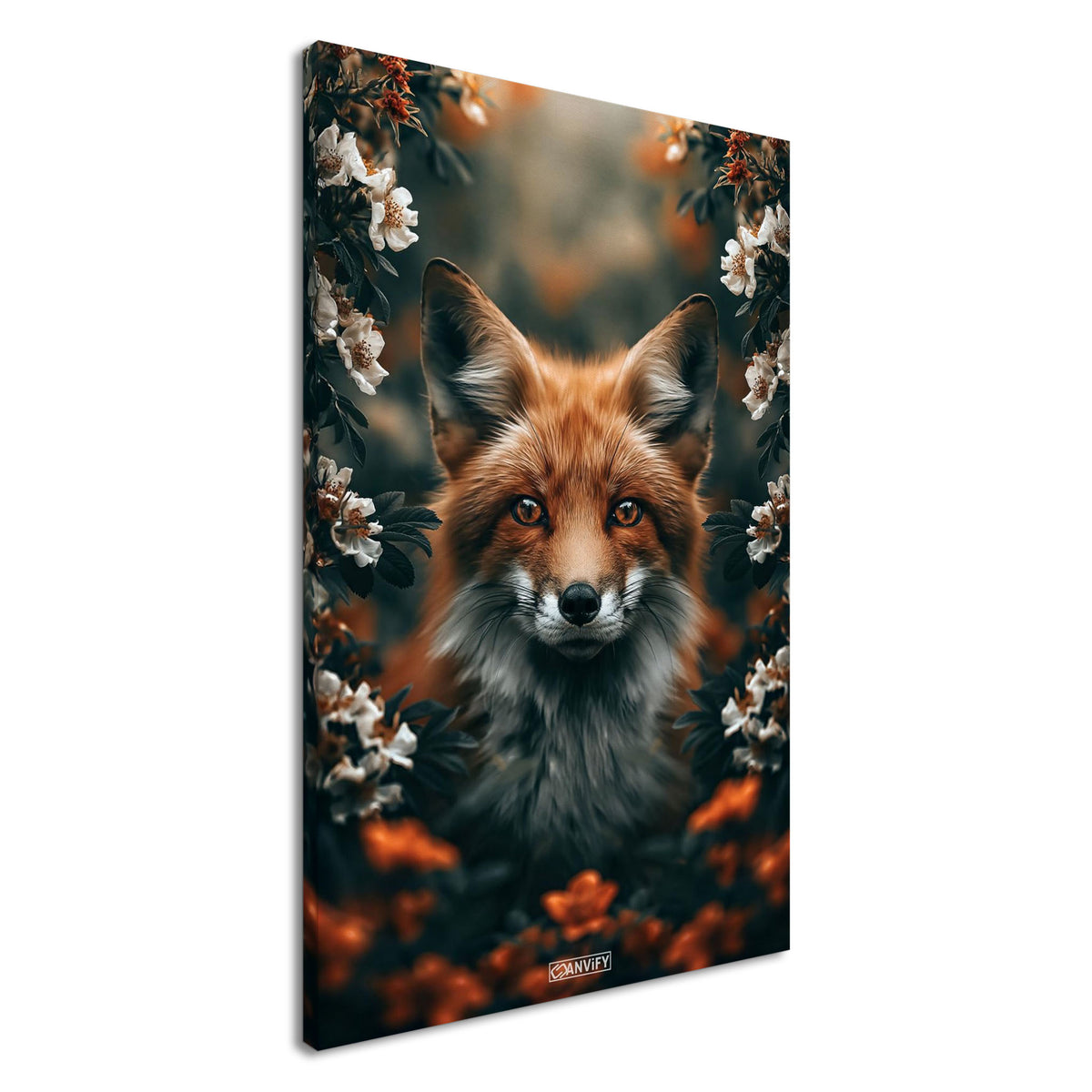 Süßer Fuchs zwischen den Blumen auf einer Leinwand