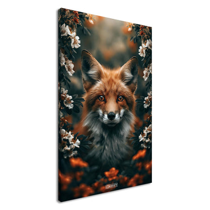 Süßer Fuchs zwischen den Blumen auf einer Leinwand