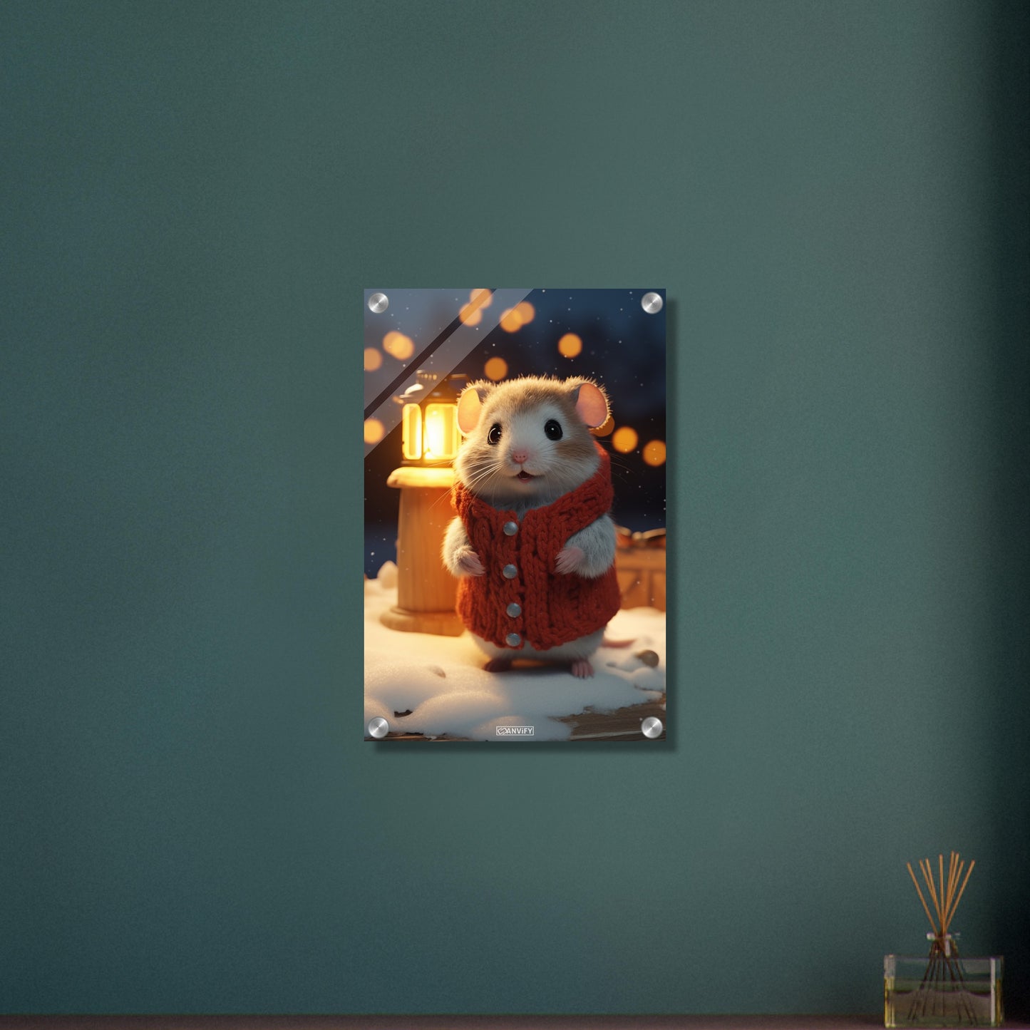 Hamster mit Weste und einer Laterne in einer Winternacht im Schnee auf einem Acrylbild