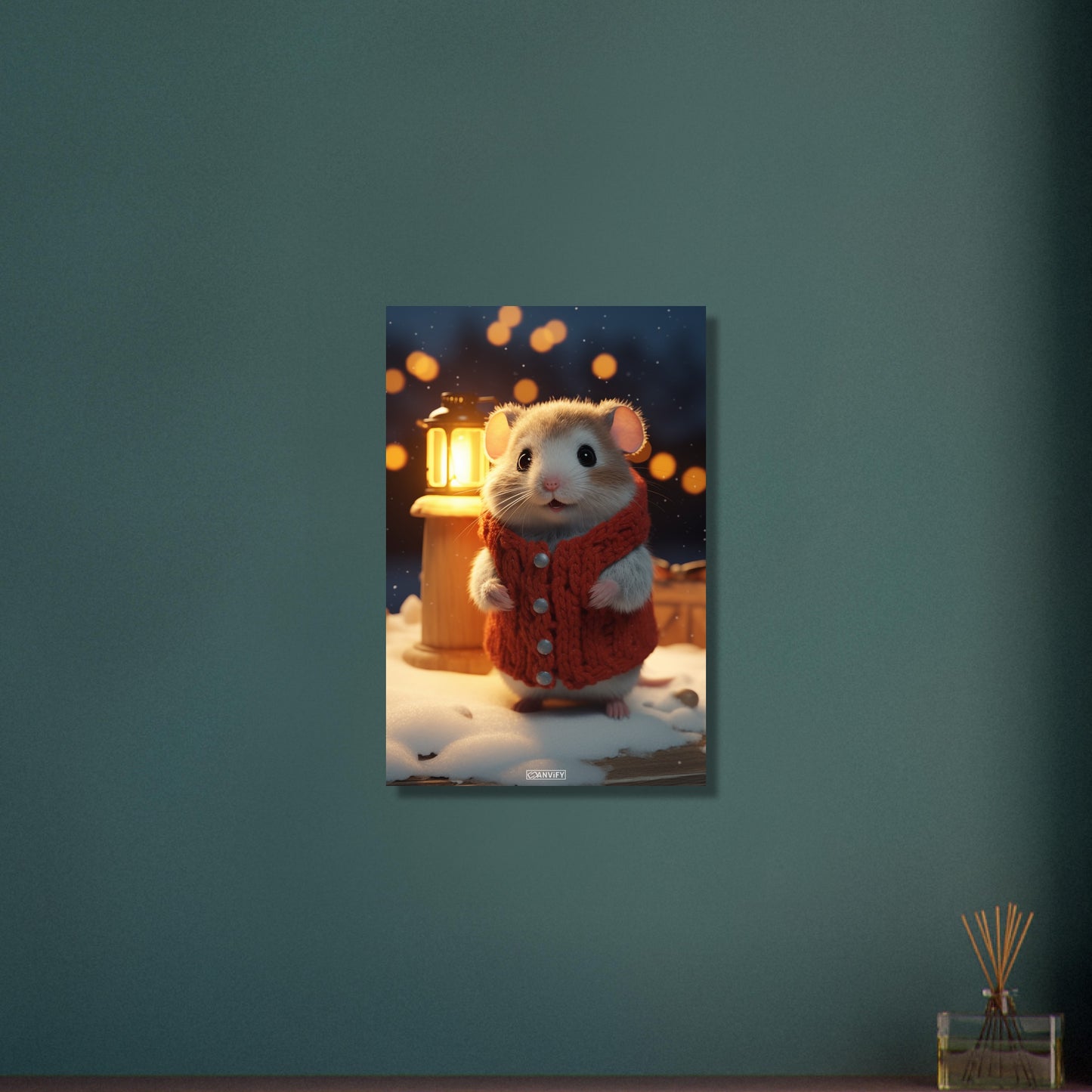 Hamster mit Weste und einer Laterne in einer Winternacht im Schnee auf Aluminium