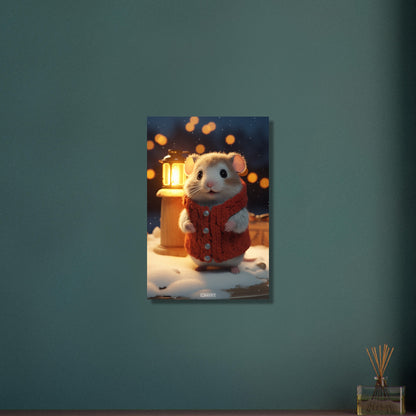 Hamster mit Weste und einer Laterne in einer Winternacht im Schnee auf Aluminium