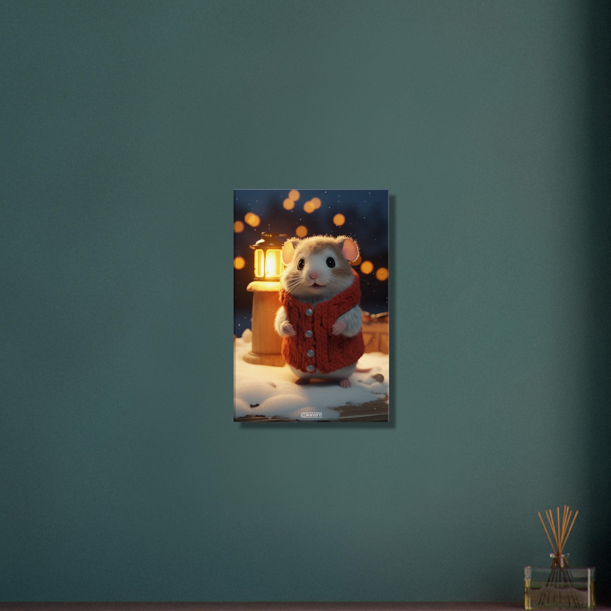 Hamster mit Weste und einer Laterne in einer Winternacht im Schnee auf einer Leinwand